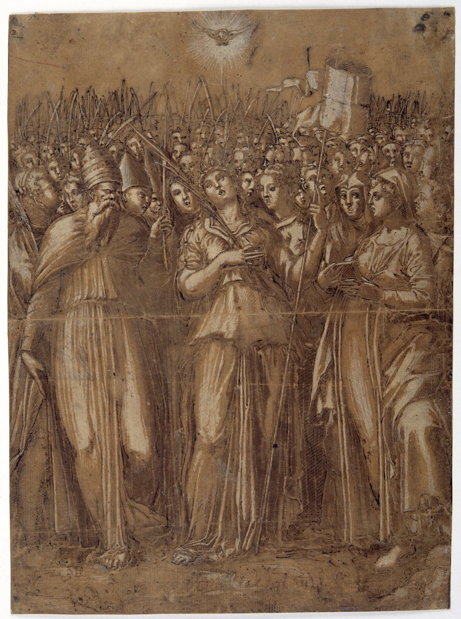 St Ursula with the martyred virgins (pen & brown ink heightened with white body colour on paper washed brown) بواسطة بيليجرينو (حوالي 1460 1523) أريتوسي