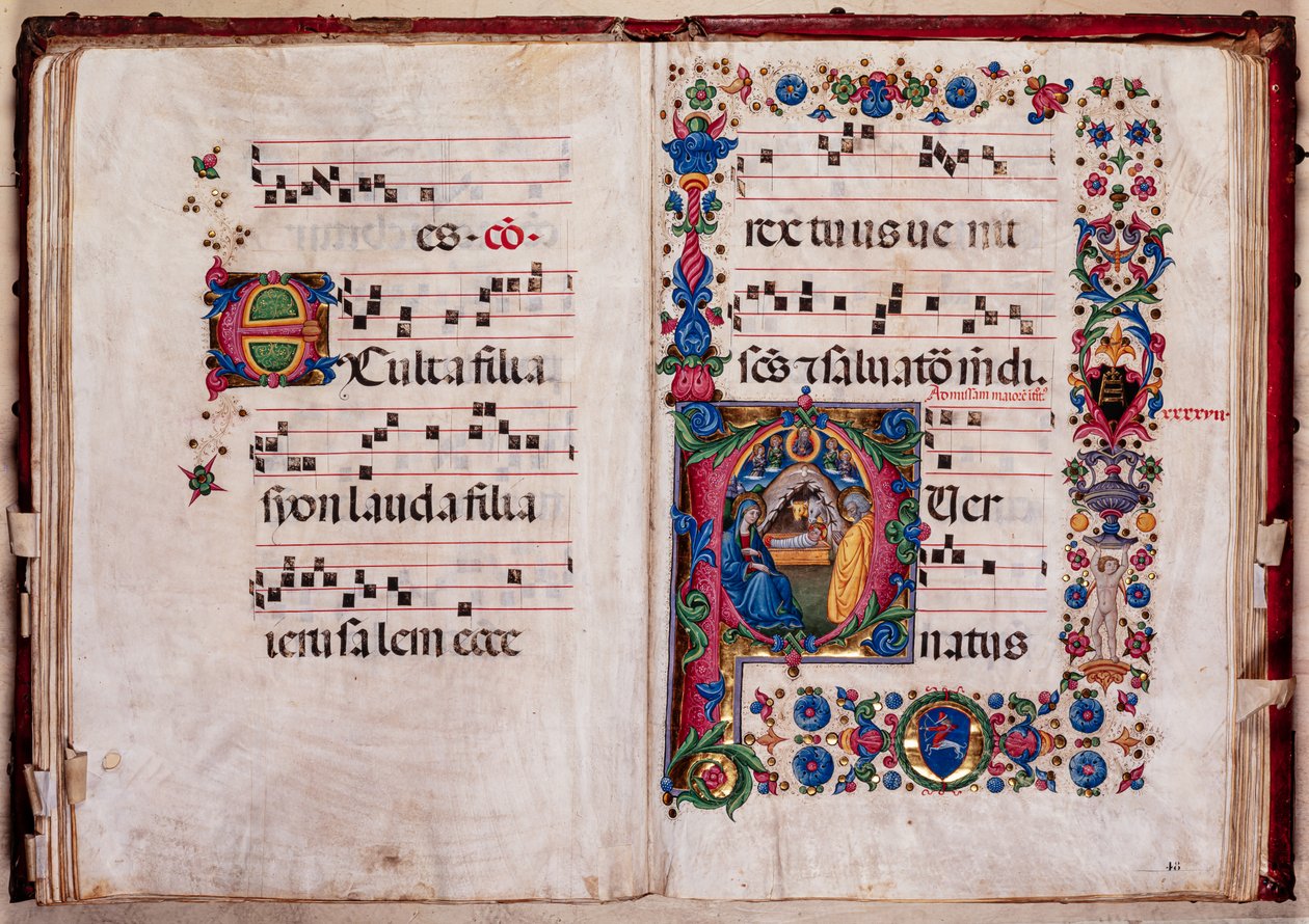 مكتبة Piccolomini: كتاب جوقة ، سمك القد. 102.8 ، صص. 47 ظ -48 و مع "الميلاد" ، بقلم بيليجرينو دي ماريانو. بواسطة Pellegrino di Mariano