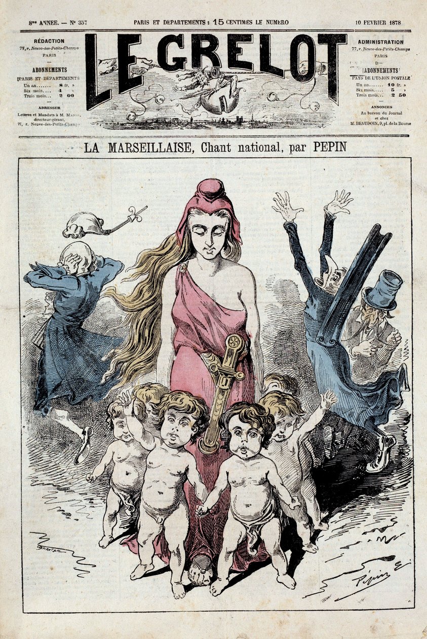 أحد "الجرس" يمثل قصة رمزية للنشيد الوطني "La Marseillaise" "بينما يسد النبلاء آذانهم أثناء الفرار. التوضيح بيبين. 10/02/1878. مجموعة خاصة بواسطة بيبين