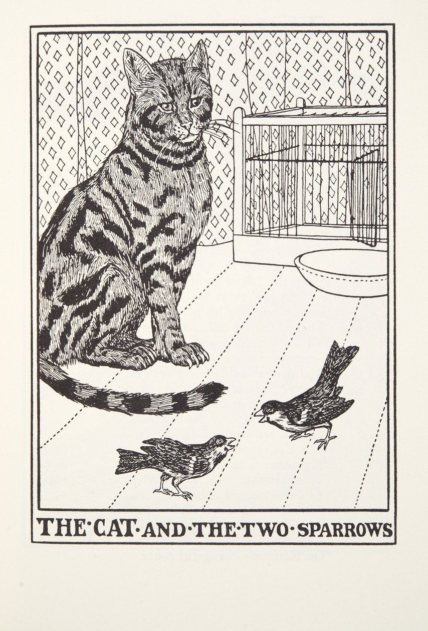 القط والعصفورين ، من Fontaine Fables ، حانة. 1905 بواسطة بيرسي جيه. بيلينجشيرست