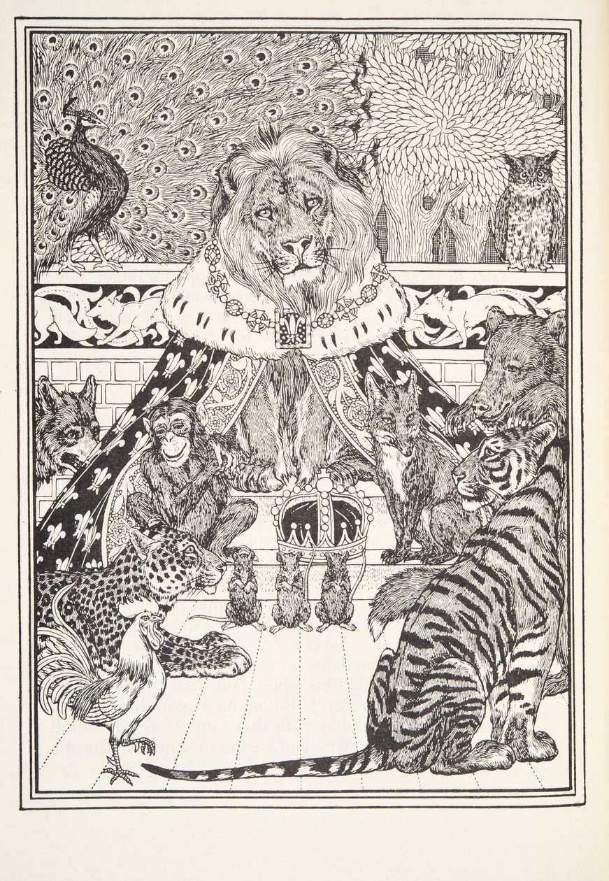 The Lion and Associates، Frontispiece، from Fontaine Fables، pub. 1905 بواسطة بيرسي جيه. بيلينجشيرست