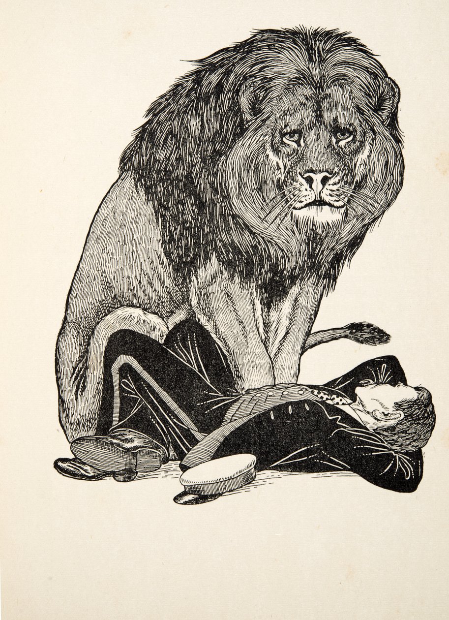 الأسد وحارسه ، من مائة حكاية من الحيوانات ، حانة. 1924 بواسطة بيرسي جيه. بيلينجشيرست