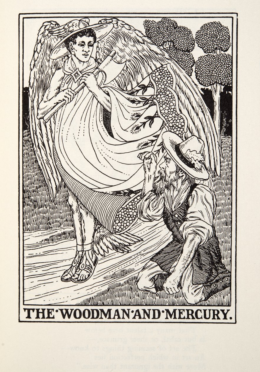 The Woodman and Mercury، from Fontaine Fables، pub. 1905 بواسطة بيرسي جيه. بيلينجشيرست