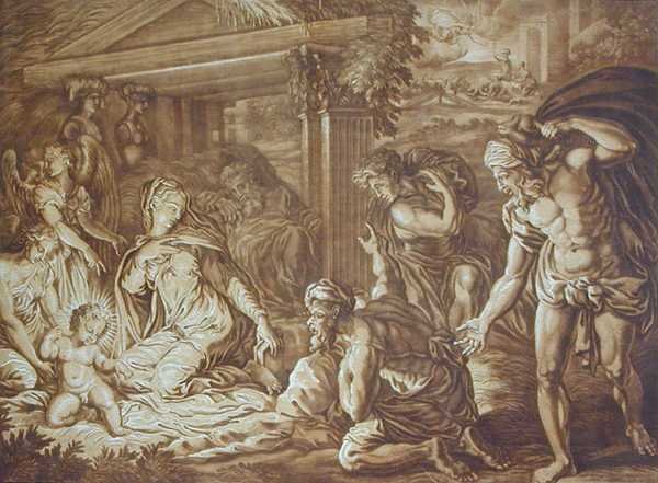 عبادة الرعاة نقشها إليشة كيرخال (1682-1742) 1724 (ليثو ملون) بواسطة Perino del Vaga