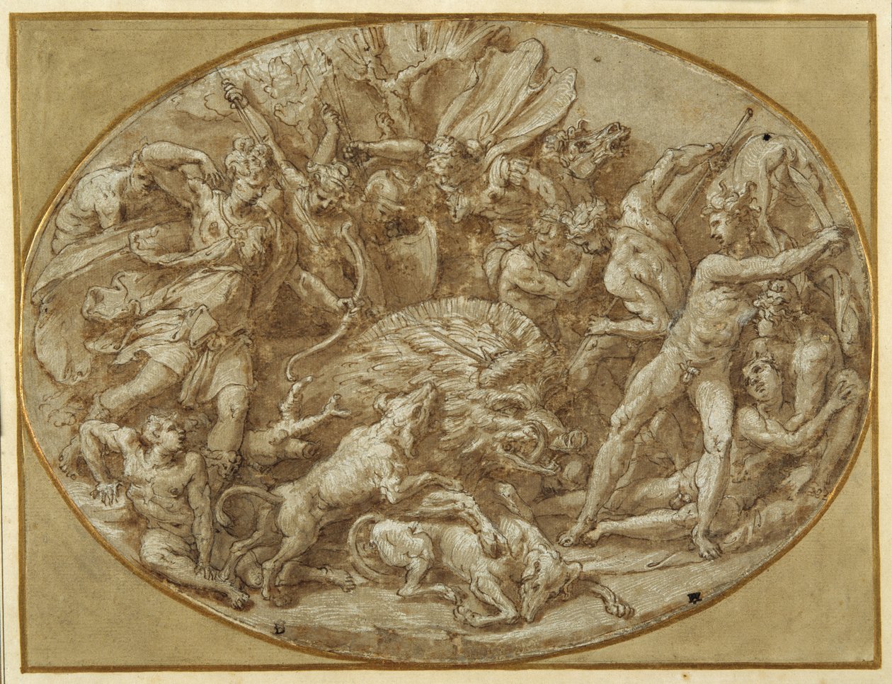 The Hunt of the Calydonian Boar (قلم وحبر مغسول باللون البني وإبراز أبيض على الورق) بواسطة Perino del Vaga