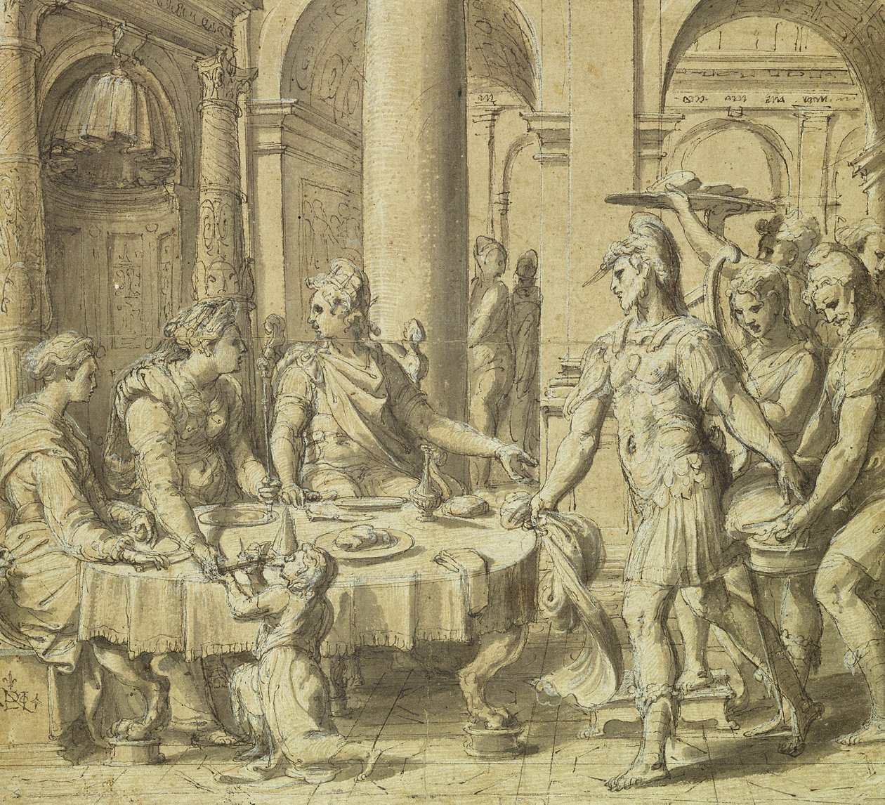 مأدبة Dido و Aeneas ، نموذج للنسيج في سلسلة قصة Aeneas ، c.1532 (قلم وحبر وغسل على الورق) بواسطة Perino del Vaga