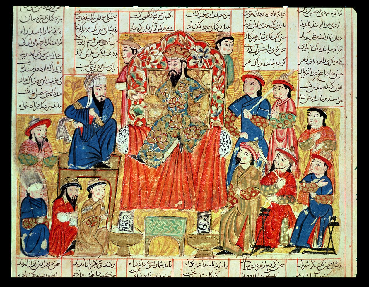 سلطان ومحكمته ، رسم توضيحي من "كتاب الملوك" لأبي القاسم مانور فردوسي (ج 934 - ج 1020) ج 1330 بواسطة المدرسة الفارسية