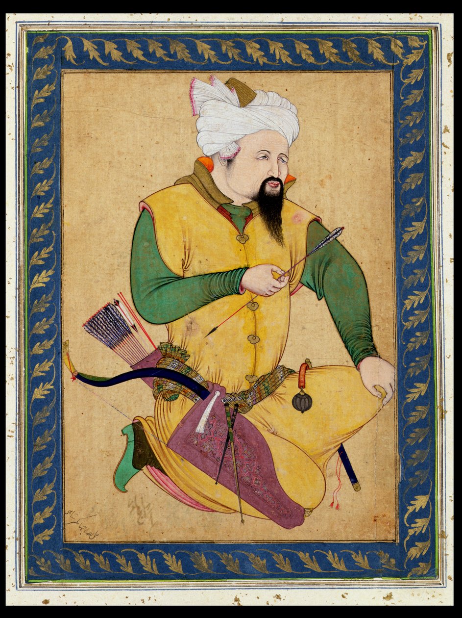 رئيس تركماني أو مغولي يحمل سهمًا ، من ألبوم Clive الكبير ، 1591-92 (رسم على القطن) بواسطة المدرسة الفارسية