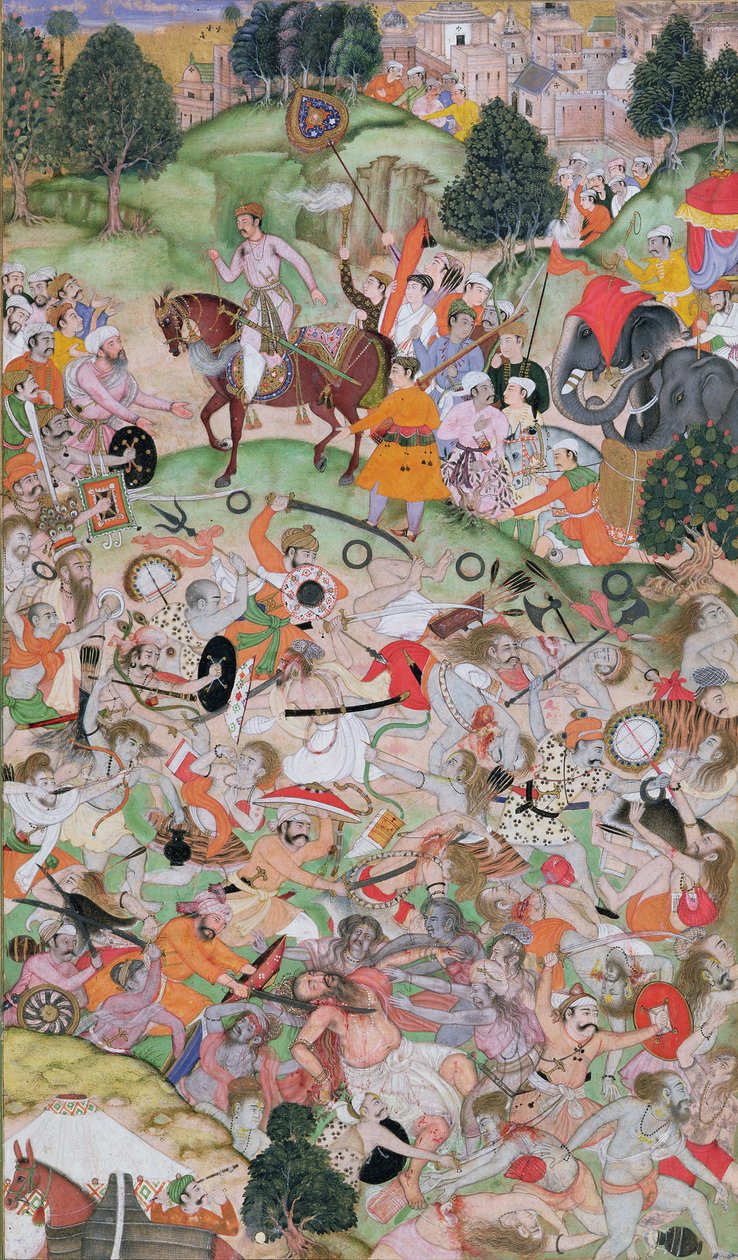 أكبر مساعدة في شجار الزاهدون ، من Akbarnama ، المغول ، c.1590-95 (مرحاض غير شفاف وذهب على ورق) بواسطة المدرسة الفارسية