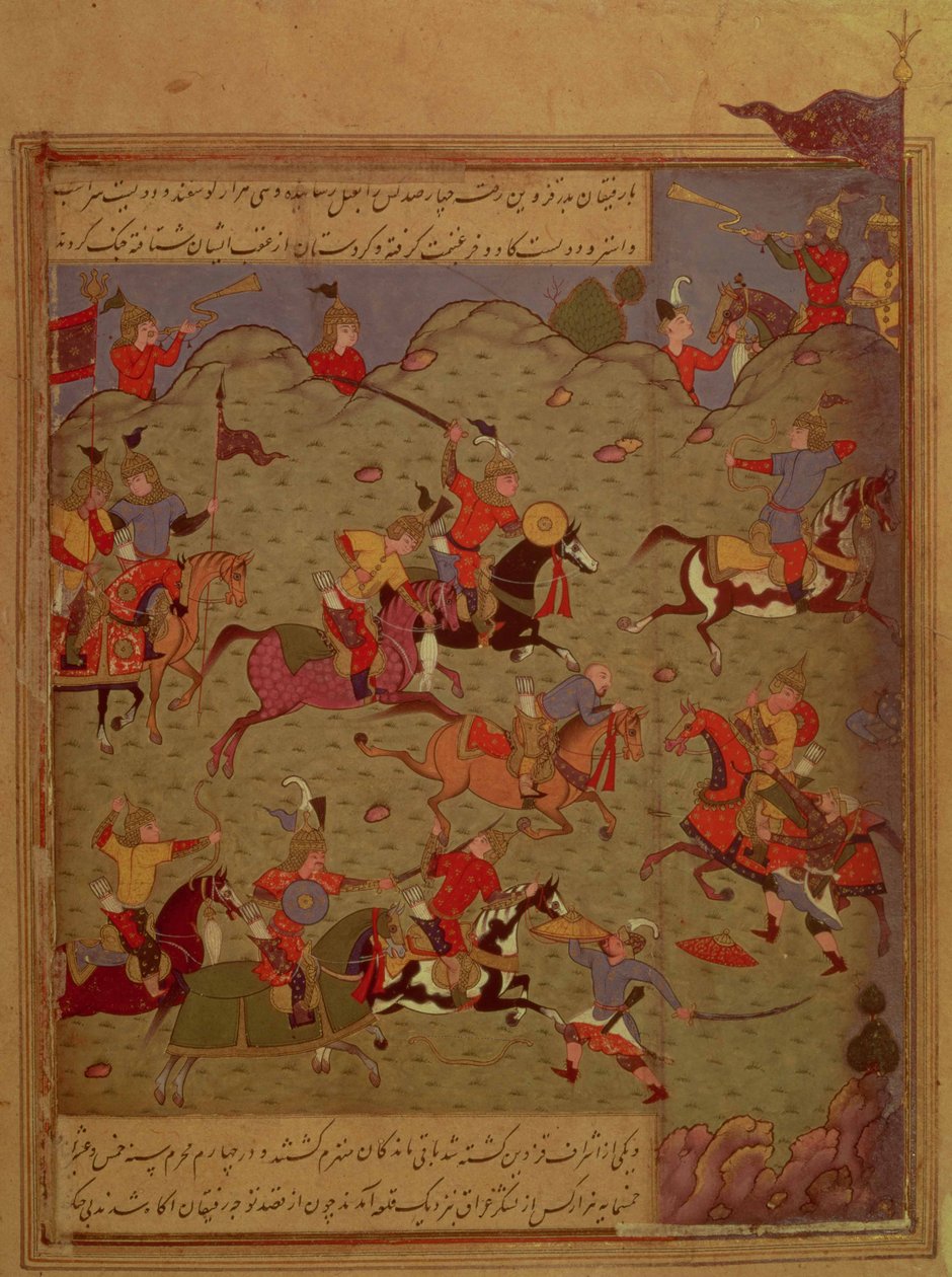 Codrington MS (No.249A). مشهد معركة ، من اسكندر ناما من قبل نظامي ، ج .1525 (مرحاض ، حبر وذهب على ورق) بواسطة المدرسة الفارسية