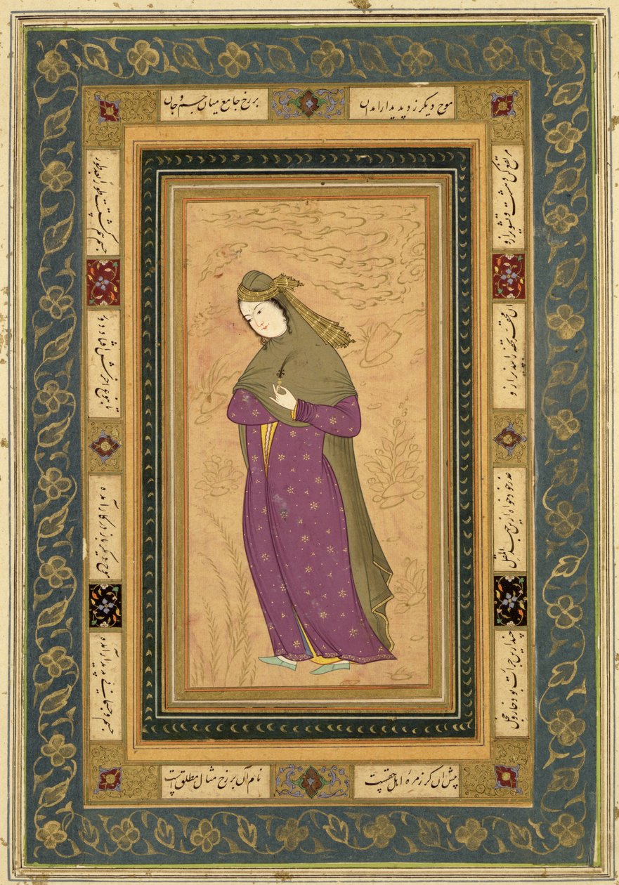 فتاة تمسك بغابة ، من ألبوم Clive الكبير ، 1620-30 بواسطة المدرسة الفارسية