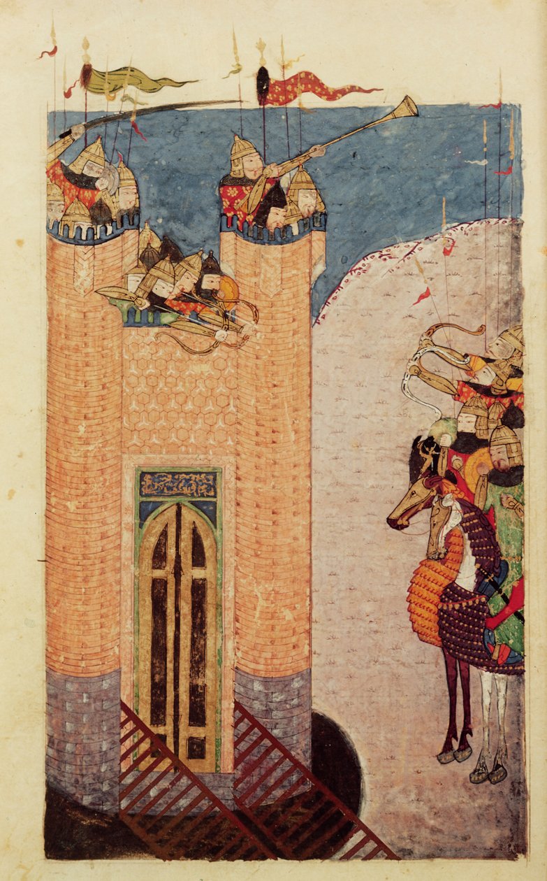 السيدة 7926206 f.149 المغول يحاصرون القلعة ، c.1252-60 بواسطة المدرسة الفارسية