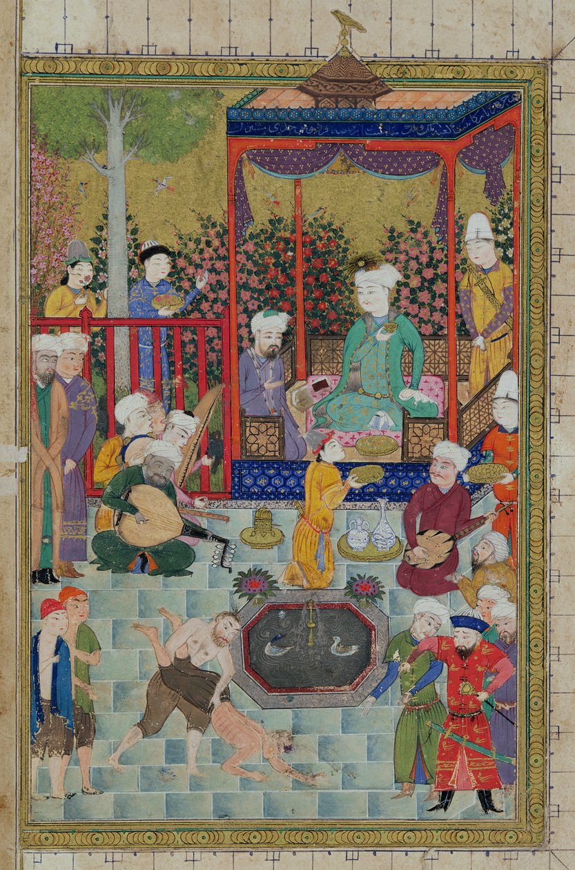 السيدة C-822 fol.1v حفل استقبال للأمراء ، رسم توضيحي من "كتاب الملوك" للشاهن أبو القاسم منصور فردوسي (c.934-c.1020) ، 1460-1470 بواسطة المدرسة الفارسية