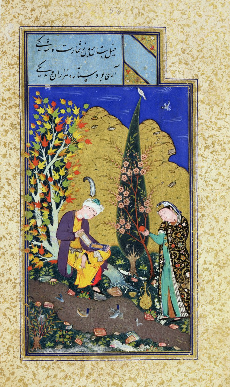 السيدة C-860 fol.41b اثنين من العشاق في بستان مزهر ، 1540-50 بواسطة المدرسة الفارسية