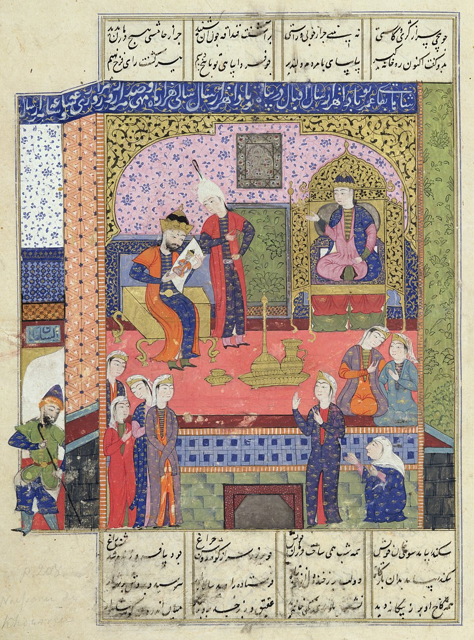 السيدة D-184 fol.381a الجزء الداخلي لقصر ملك بلاد فارس ، رسم توضيحي من "شاهناما" (كتاب الملوك) ، لأبي القاسم مانور فردوسي (c.934-c.1020) c.1510-40 بواسطة المدرسة الفارسية