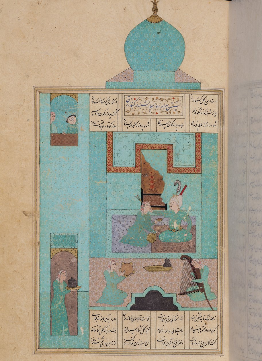 السيدة D-212 fol.216a بهرام تزور أميرة في جناح الفيروز ، رسم توضيحي لـ "الأميرات السبع" ، 1199 ، بقلم إلياس نظامي (1140-1209) ج .1550 بواسطة المدرسة الفارسية