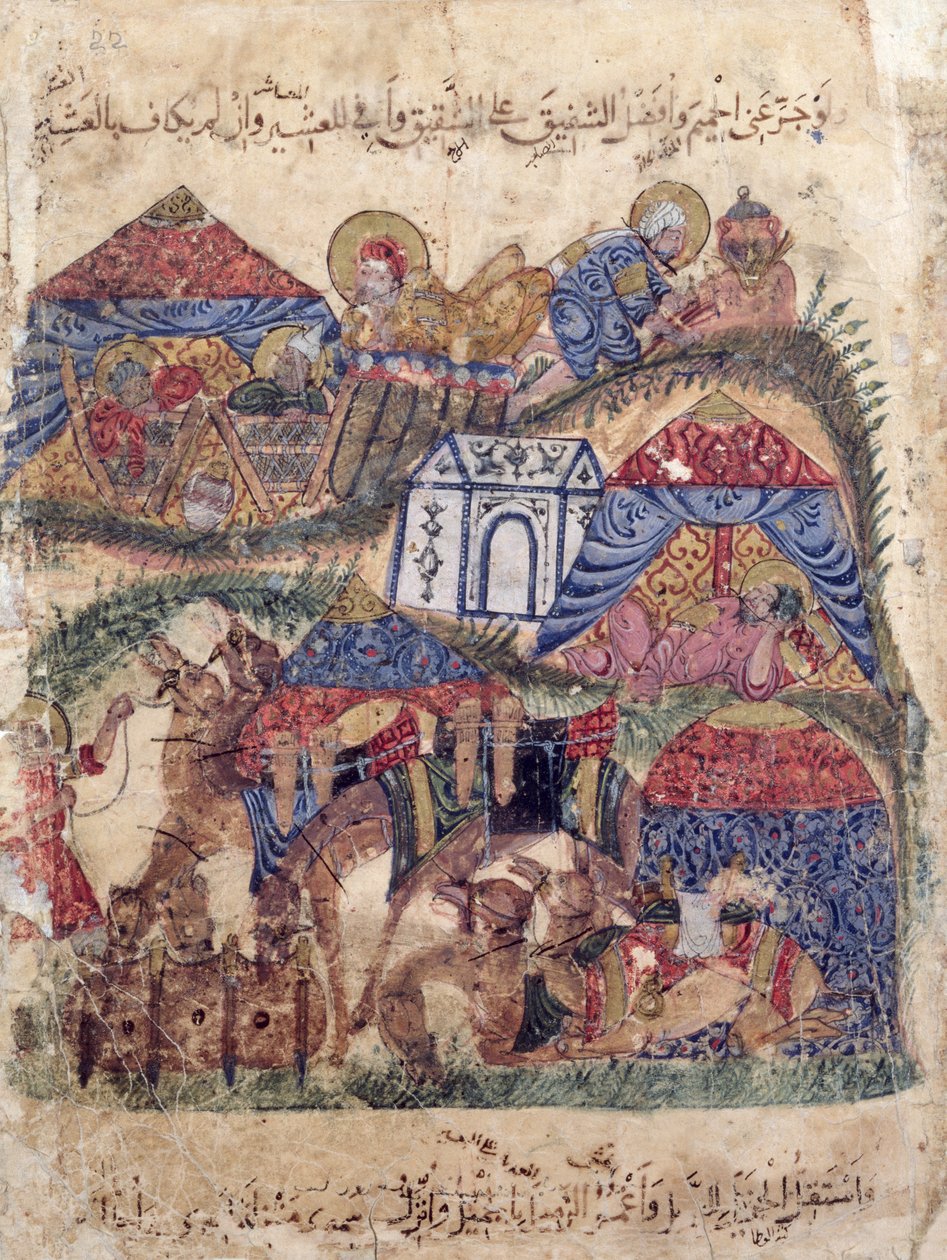 السيدة c-23 f.12a ، قافلة ، من "المقامات" بقلم الحريري ، c.1240 (غواش على الرق) بواسطة المدرسة الفارسية