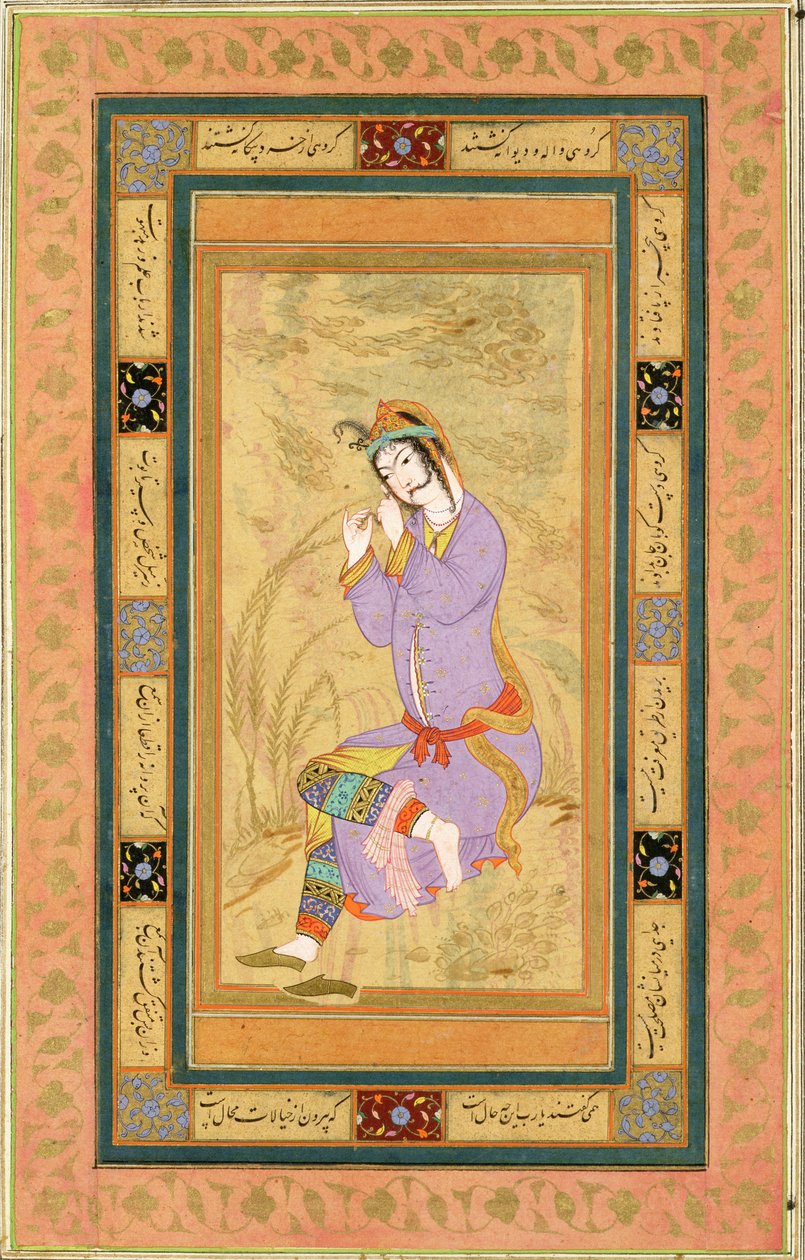 فتاة جالسة تجعد شعرها في خواتم ، من ألبوم Clive الكبير ، c.1600-10 بواسطة المدرسة الفارسية