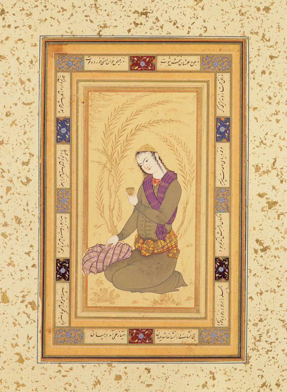 شاب جالس يحمل كأسًا ، من ألبوم Clive الكبير ، 1610 - 2020 بواسطة المدرسة الفارسية