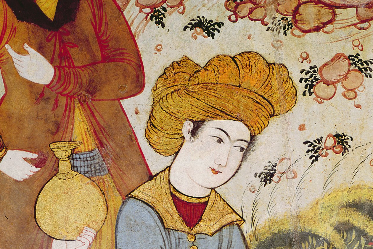 شاه عباس الأول (1588-1629) وعاطف يقدم الفاكهة و الشراب (تفاصيل 155563 تصور رأس صاحب البلاط) بواسطة المدرسة الفارسية