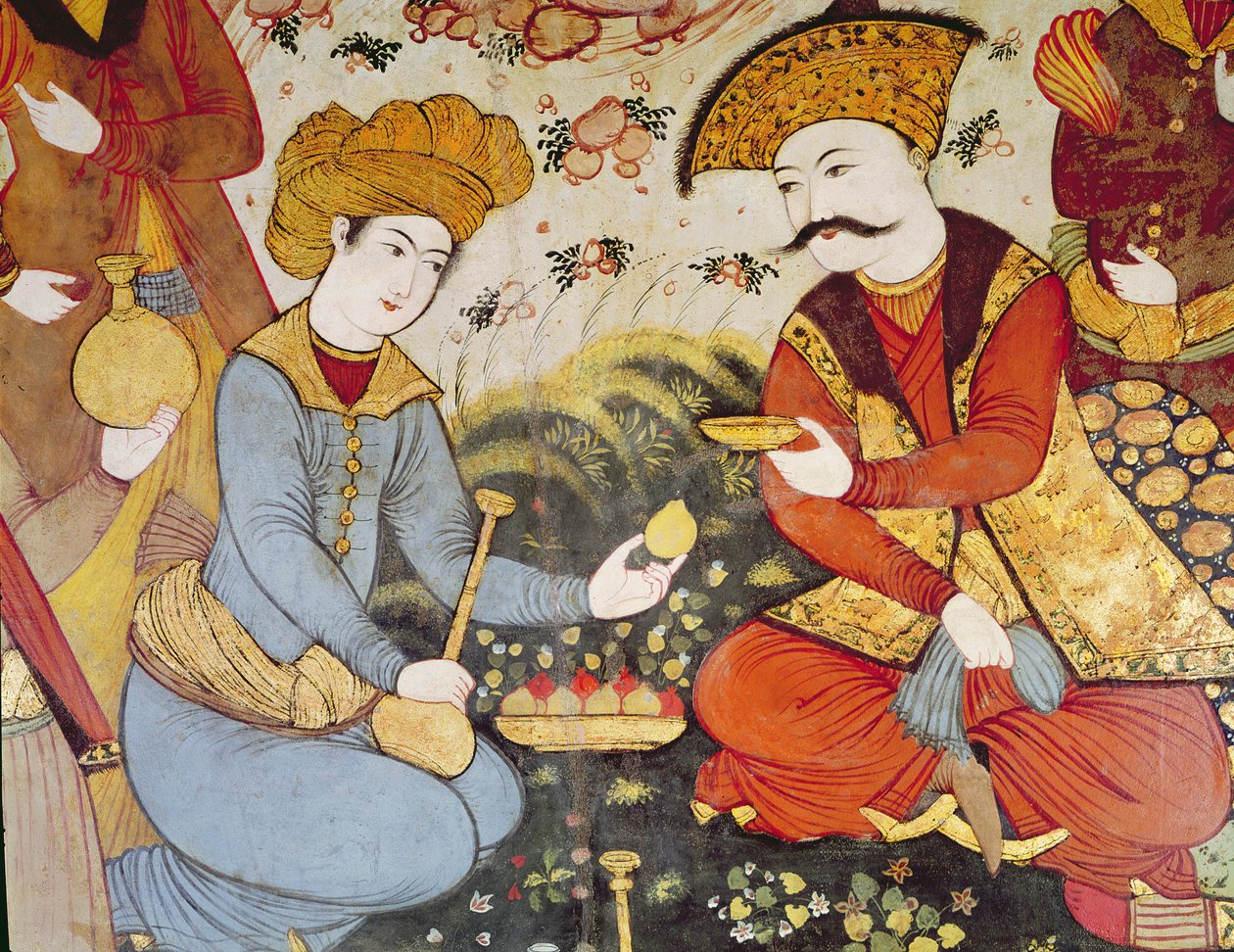 شاه عباس الأول (1588-1629) وعازف يقدم الفاكهة والمشروبات (التفاصيل) بواسطة المدرسة الفارسية