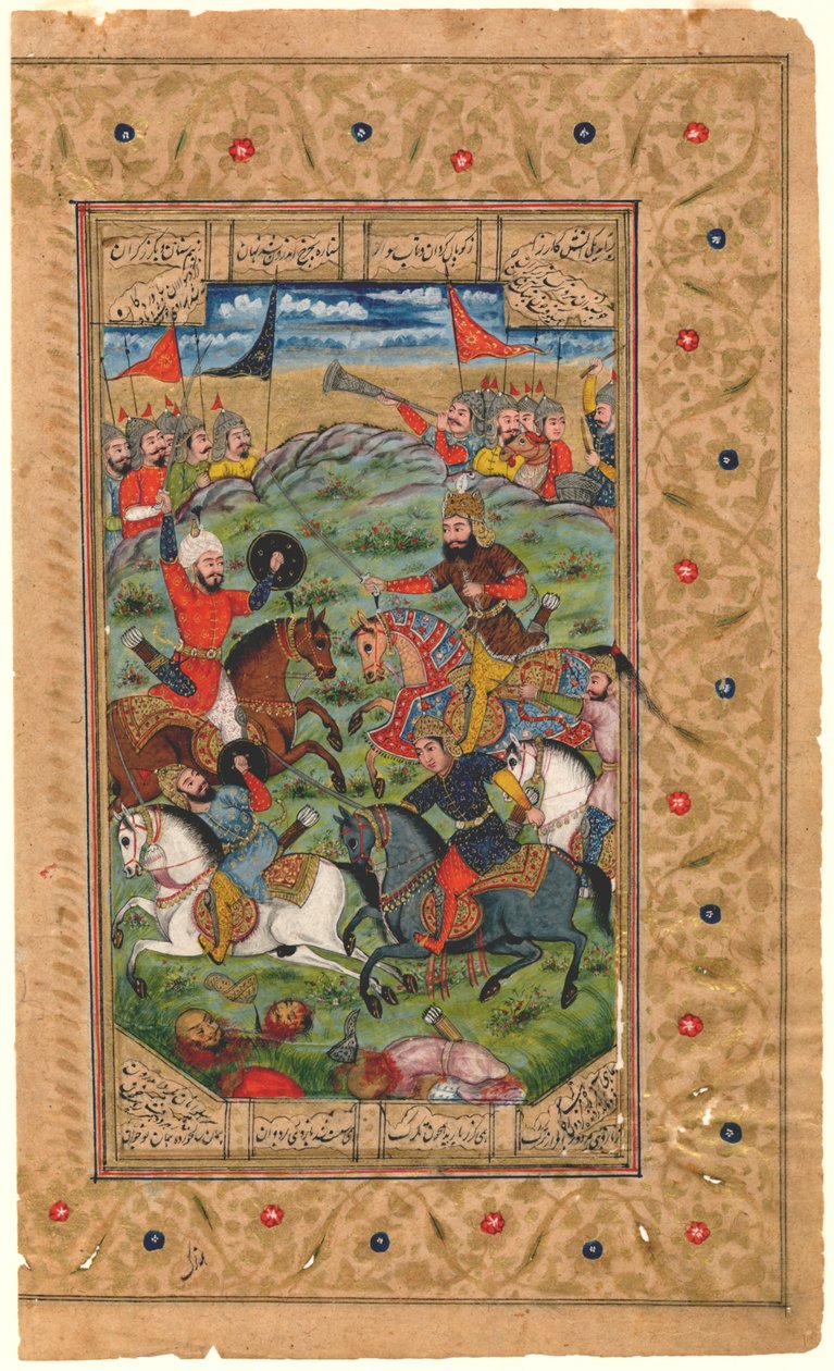 شاهناما: رستم والقرمزي يبدأان قتالهما ، 1600-1625 (درجة الحرارة) بواسطة المدرسة الفارسية