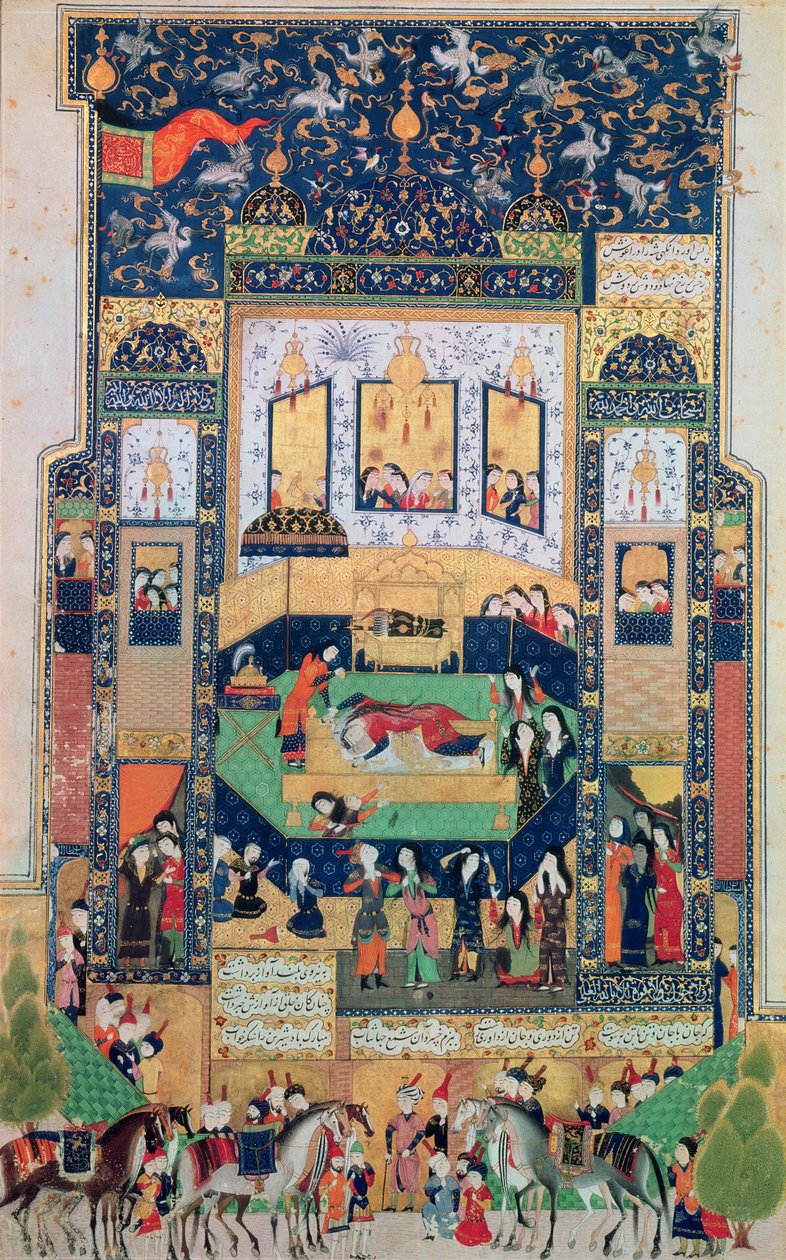 وفاة شيرين ، رسم توضيحي لـ "خسرو وشيرين" للمؤلف إلياس نزامي (1140-1209) ، 1504 (غواش وأوراق ذهبية على ورق) بواسطة المدرسة الفارسية
