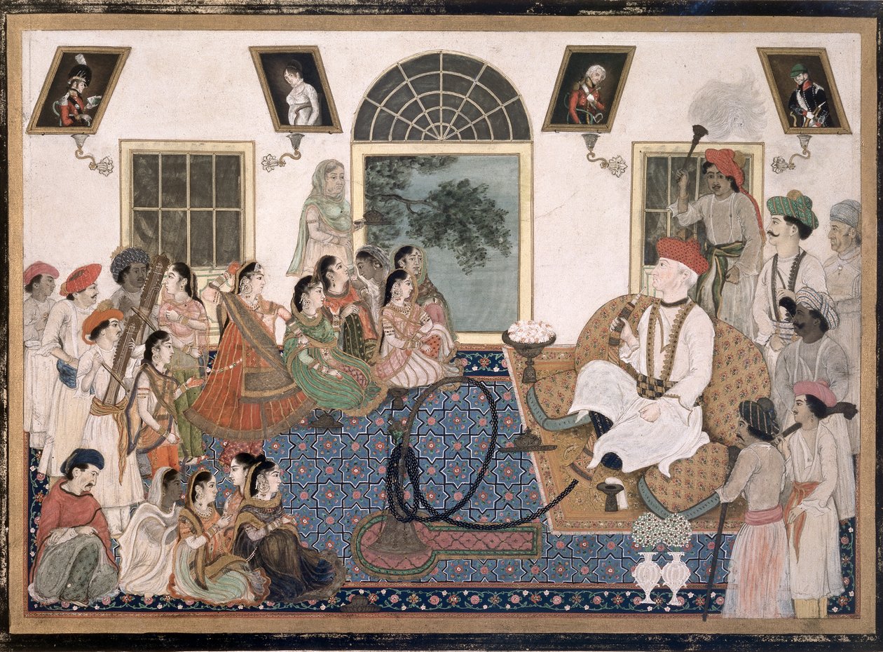 أوروبي ، على الأرجح السير ديفيد أوشتيرلوني (1758-1825) ، يرتدي الزي الهندي ، ويدخن النرجيلة ويشاهد نوتشًا في منزله في دلهي ، حوالي 1820 (حبر ولون على ورق) بواسطة المدرسة الفارسية