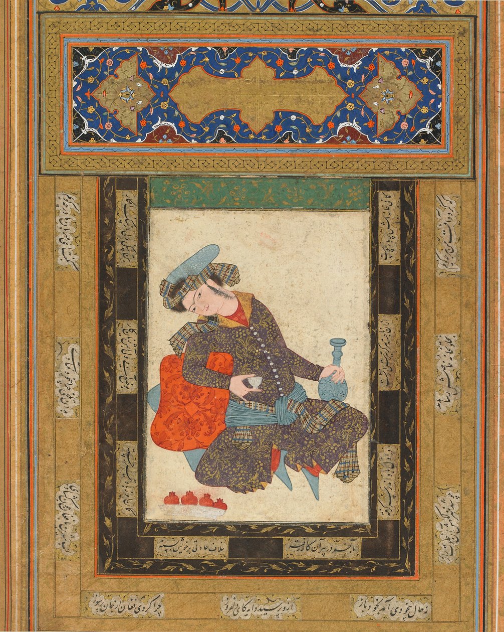 شباب مستلق ، إيران ، الفترة الصفوية ، c.1600-10 (ألوان مائية مبهمة ، حبر وذهب على ورق) بواسطة المدرسة الفارسية