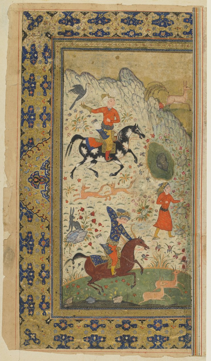 مطاردة ملكية من شاهنامه (كتاب الملوك) للفردوسي ، حوالي 1590-1600 (حبر ، ألوان مائية غير شفافة وذهب على ورق) بواسطة المدرسة الفارسية