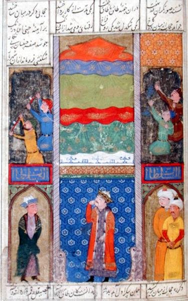 مسابقة في الرسم على الجدران بين رجال الروم والذقن ، من "خمسة" لنظمي كنجافي ، 1465-1455 (جواش على ورق) بواسطة المدرسة الفارسية