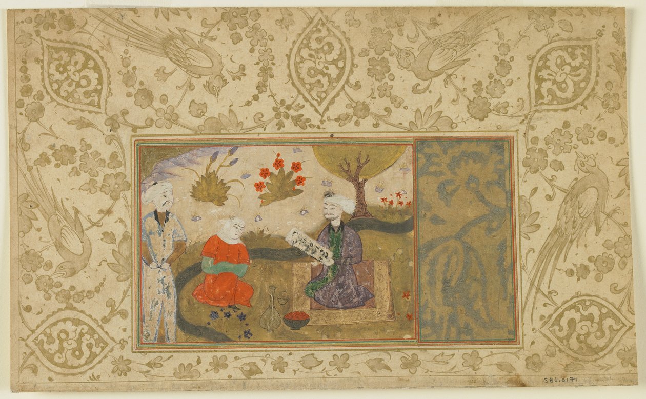 زوجان يتحدثان بواسطة تيار ، حوالي 1500 (ألوان مائية غير شفافة وحبر وذهب على ورق) بواسطة المدرسة الفارسية