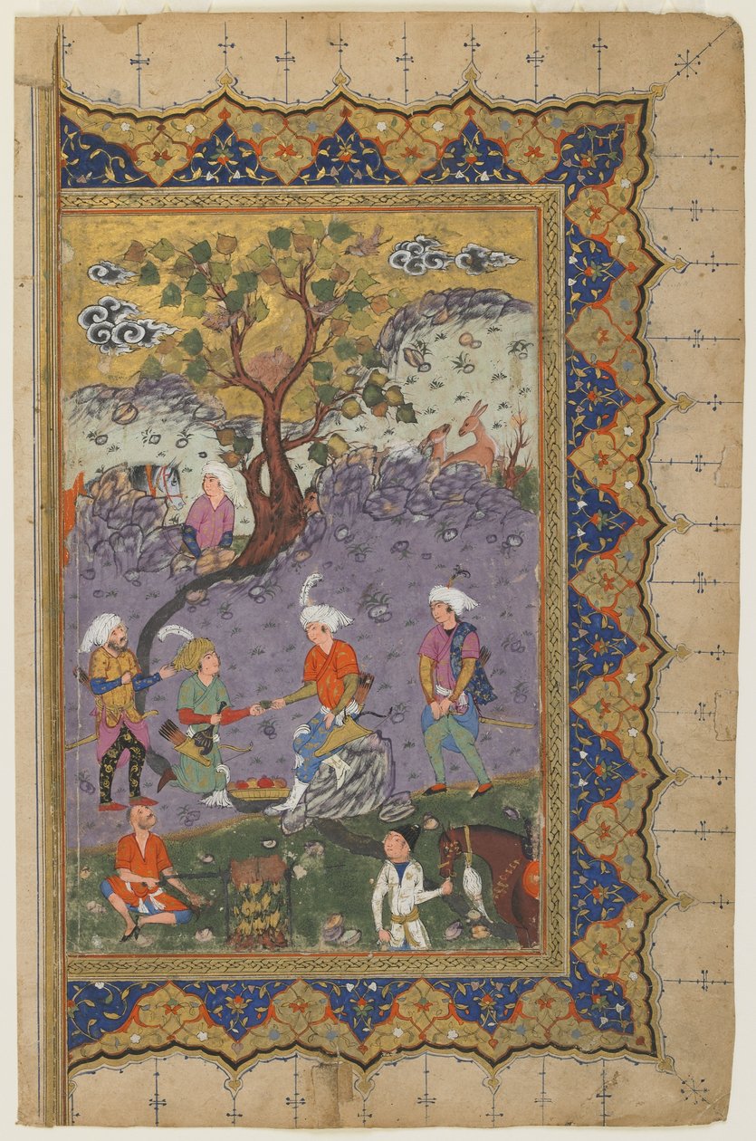 أمير جالس في منظر طبيعي مع الحاضرين ، c.1600 بواسطة المدرسة الفارسية