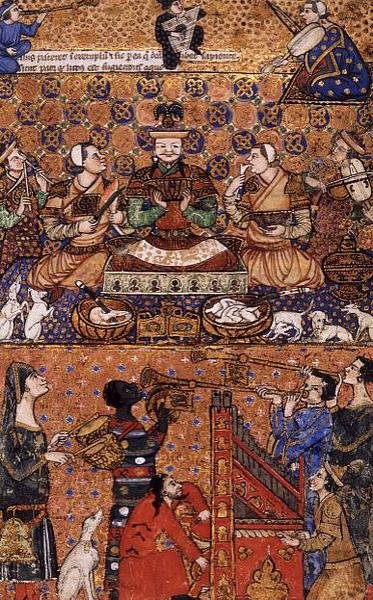 أضف 27696 f.13 حاكمًا متوجًا بالحاضرين وصانعي الموسيقى ، كُتب في جنوة ، أواخر القرن الرابع عشر بواسطة المدرسة الفارسية