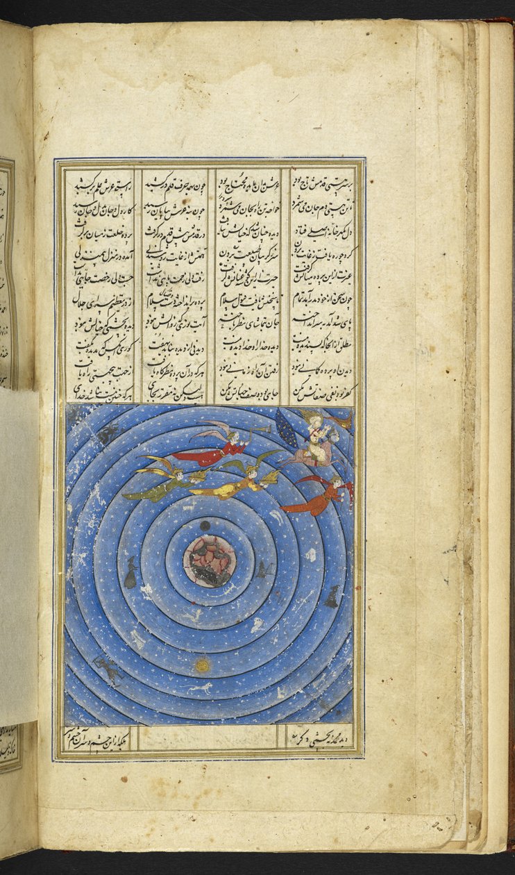 أضف 6613 ص. 3 ف النبي على البراق يهدي جبريل ويرافقه ملائكة يصعدون إلى السماء. الأبراج وعلامات الأبراج والسماوات السبع كلها مصورة ، من مخزن الأسرار لنظمي. بواسطة المدرسة الفارسية