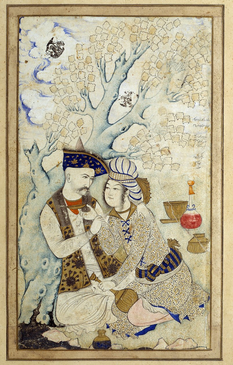إسلام الفن: صورة للشاه عباس الأول تحتضن إحدى صفحاته. رسم فارسي عام 1672. قاتمة: 0،16 × 0،27 م. باريس ، متحف اللوفر بواسطة المدرسة الفارسية