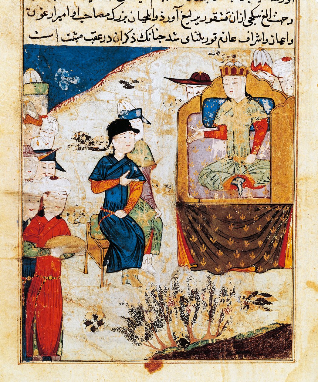 "" Audience of Mongka (أو Mongke أو Mangu Khan) (توفي عام 1259) "" صورة مصغرة لـ "Tarih-i djahangusha'i Djuvayni" "(ms supp persan 206 ، folio 101) 1438 بواسطة المدرسة الفارسية