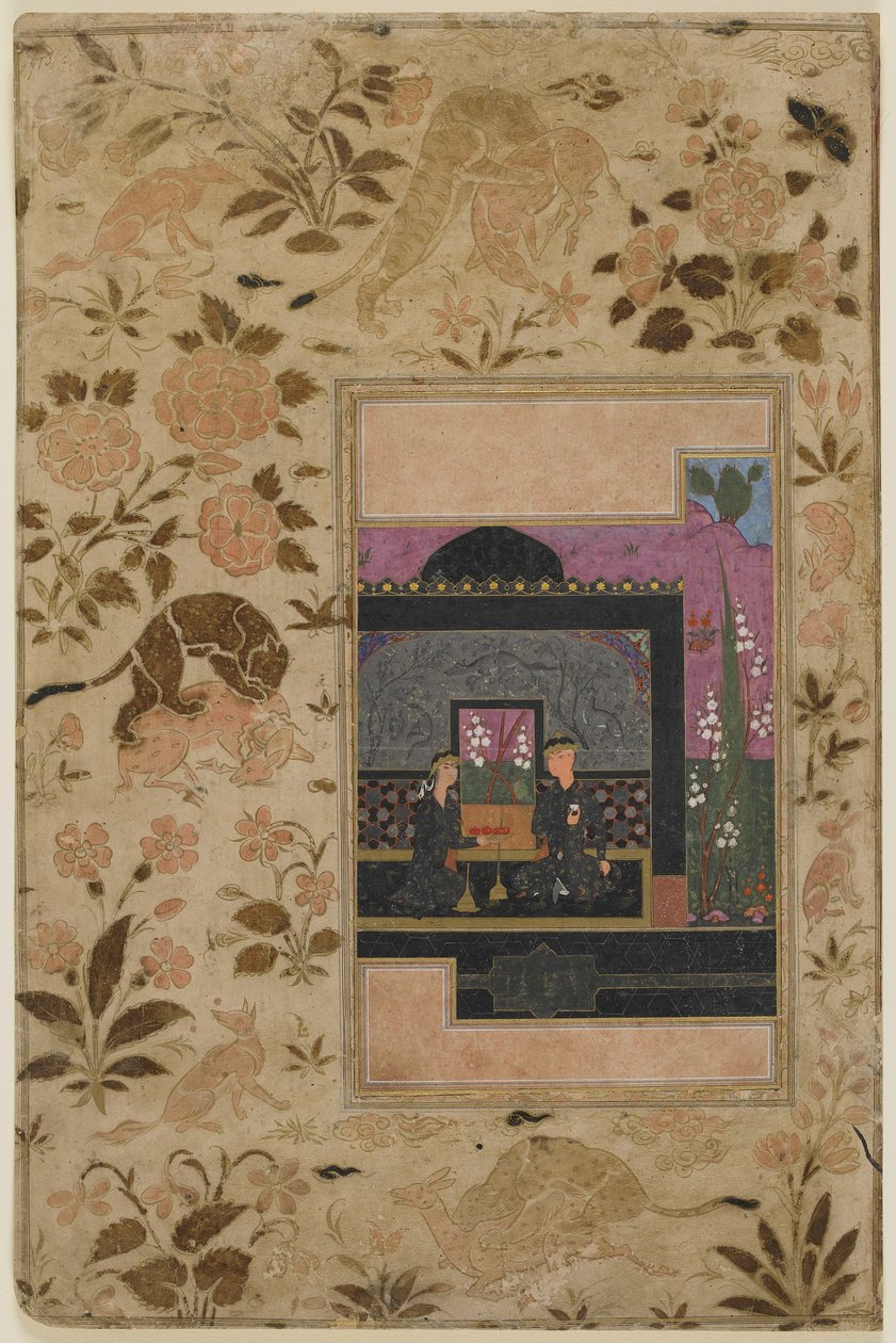 بهرام غور والأميرة في الجناح الأسود ، حوالي عام 1590 (ألوان مائية غير شفافة وحبر وذهب على ورق) بواسطة المدرسة الفارسية