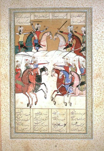 مشهد المعركة (ألوان مائية على ورق رقي) بواسطة المدرسة الفارسية