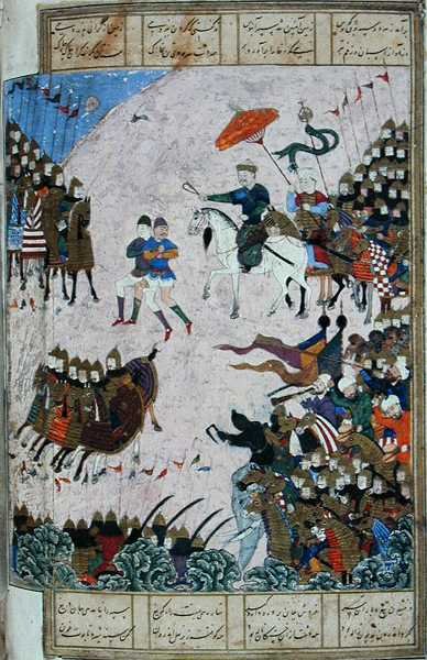 المعركة بين إسفنديار وأرجاسب ، رسم إيضاحي من الشاهنامه (كتاب الملوك) لأبي القاسم منصور الفردوسي (934 - 1020) حوالي 1440 - 1445 (قلم وحبر وألوان مائية على ورق) بواسطة المدرسة الفارسية