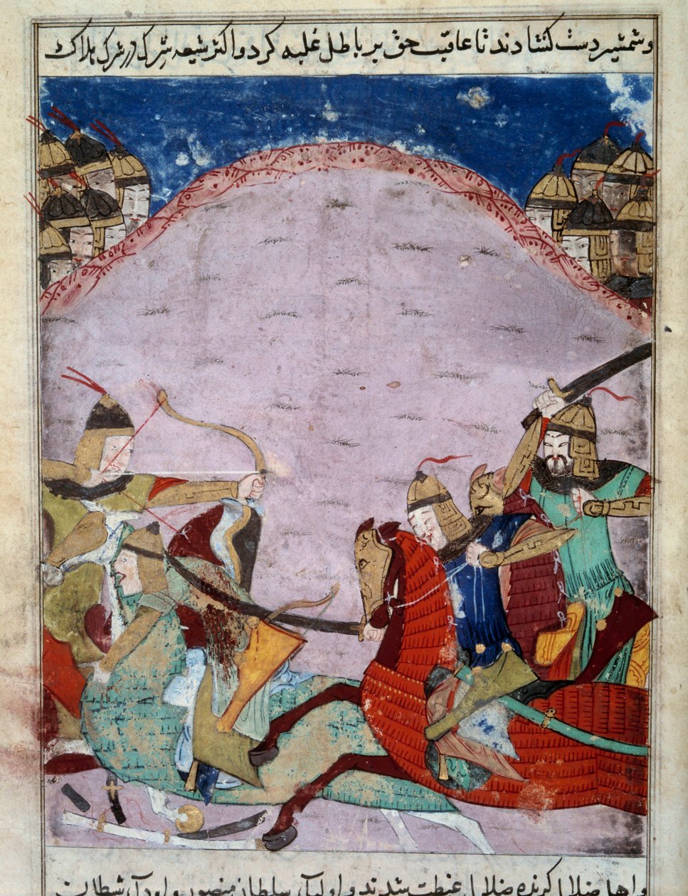 معركة بين المنغوليين والجورجيين. الجورجيون يهربون. المنمنمات الفارسية حوالي 1430. باريس ، بن بواسطة المدرسة الفارسية