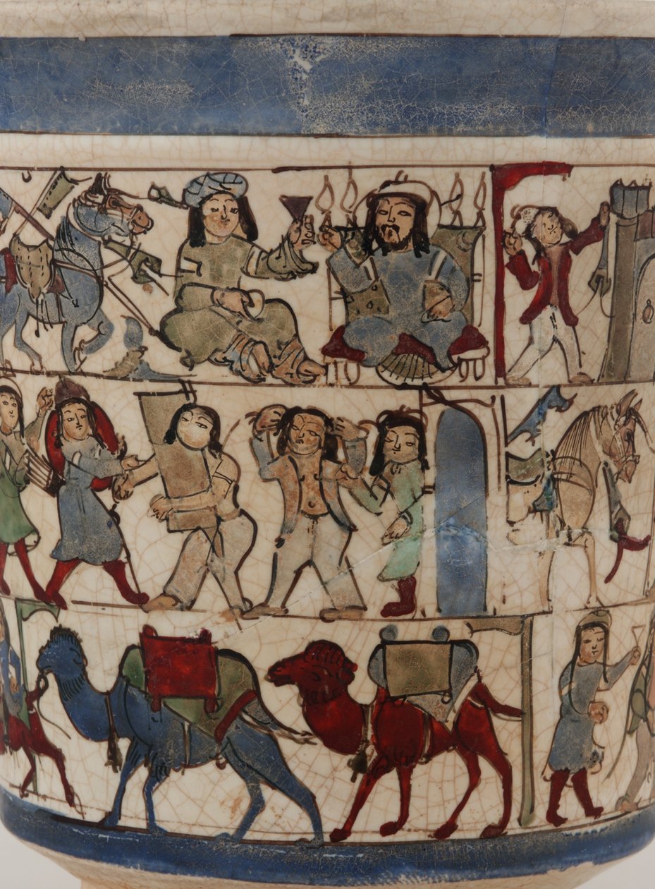 دورق يصور "شاهنامه" ، كاشان ، إيران ، العصر السلجوقي ، أواخر القرن الثاني عشر (عجينة حجرية مرسومة تحت التزجيج وفوق التزجيج بالمينا) بواسطة المدرسة الفارسية