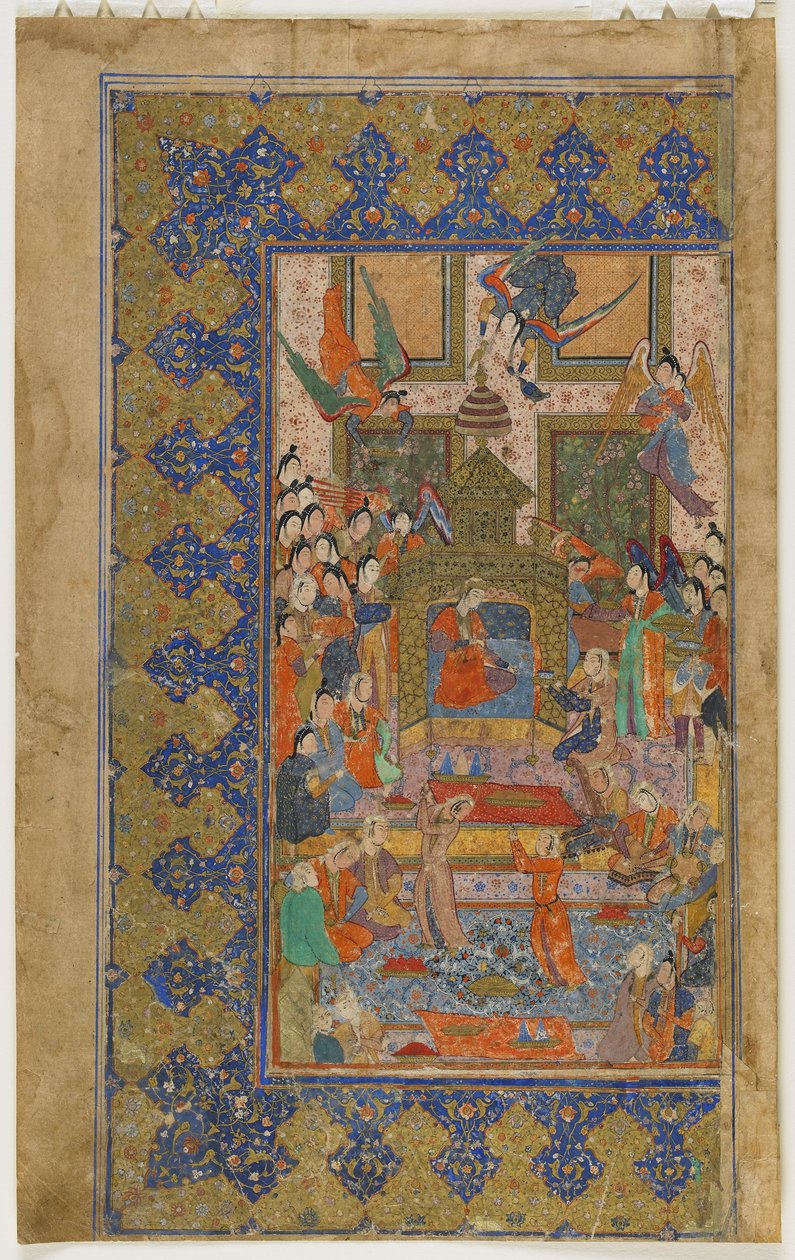 بلقيس على العرش من خمسة (خماسية) حوالي 1560 (ألوان مائية غير شفافة وحبر وذهب على ورق) بواسطة المدرسة الفارسية