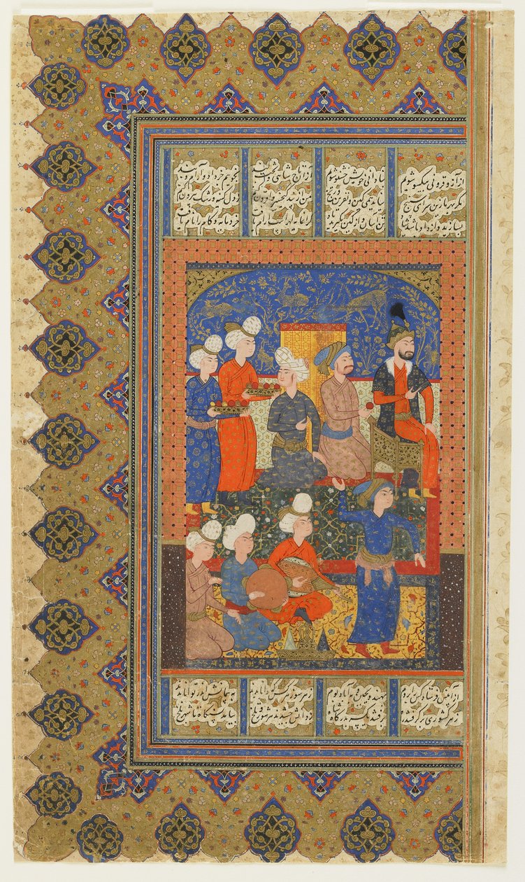 رجال البلاط مع Luhrasp توجوا من شاهنامه (كتاب الملوك) من قبل الفردوسي ، حوالي 1590-1600 (حبر ، ألوان مائية غير شفافة وذهب على ورق) بواسطة المدرسة الفارسية