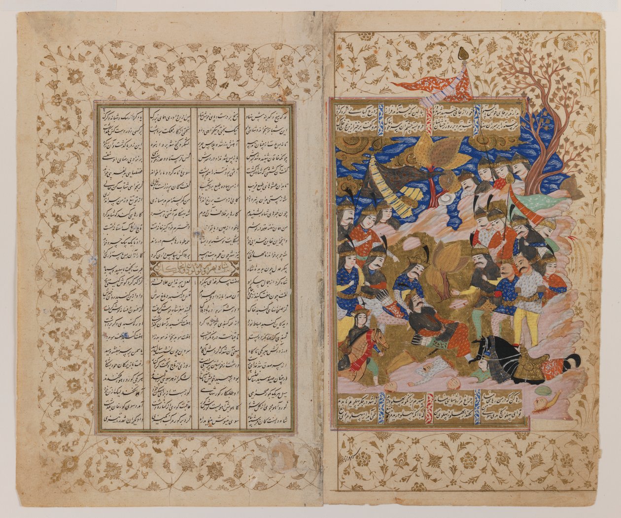 صفحة مزدوجة مع رسم إيضاحي من مخطوطة شاهنامه ، أواخر القرن السابع عشر (حبر ، غواش وذهب على ورق برشمان) بواسطة المدرسة الفارسية