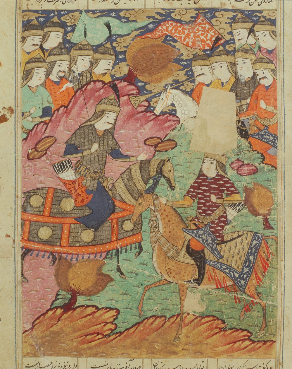 مبارزة على ظهور الخيل بين رستم وأفراسياب ، رسم من شاهناما (كتاب الملوك) لأبو القاسم مانور فردوسي (c.934-c.1020) 1619 بواسطة المدرسة الفارسية