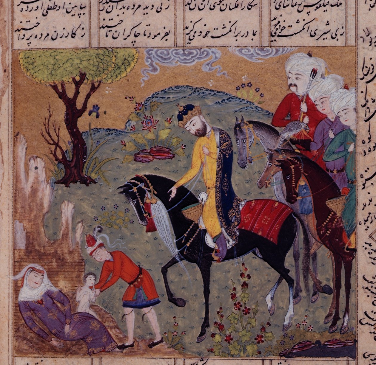 صفحة 306 ظ ولادة اسكندر ، من خمسة نظامي ، حوالي ١٥٠٥ (جواش على ورق) بواسطة المدرسة الفارسية