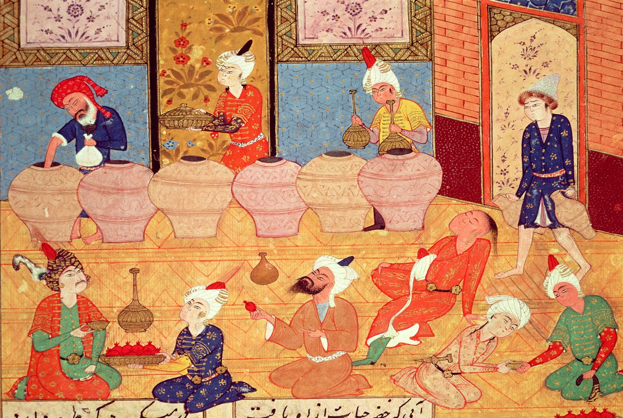 صفحة ٣٣ ظ ، تفاصيل مأدبة مع موسيقيين ، من كتاب قصائد حافظ شيرازي (١٣٢٥-ج ١٣٨٨) ١٥٥٤ بواسطة المدرسة الفارسية