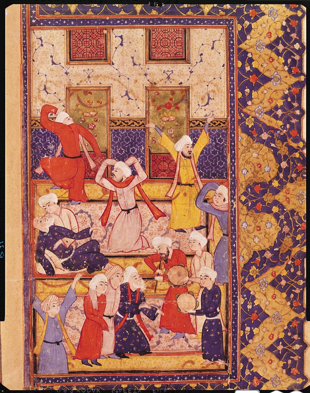 الجزء ٥ و رقصة استهلالية ، من كتاب قصائد حافظ الشيرازي (١٣٢٥ - ١٣٨٨). بواسطة المدرسة الفارسية