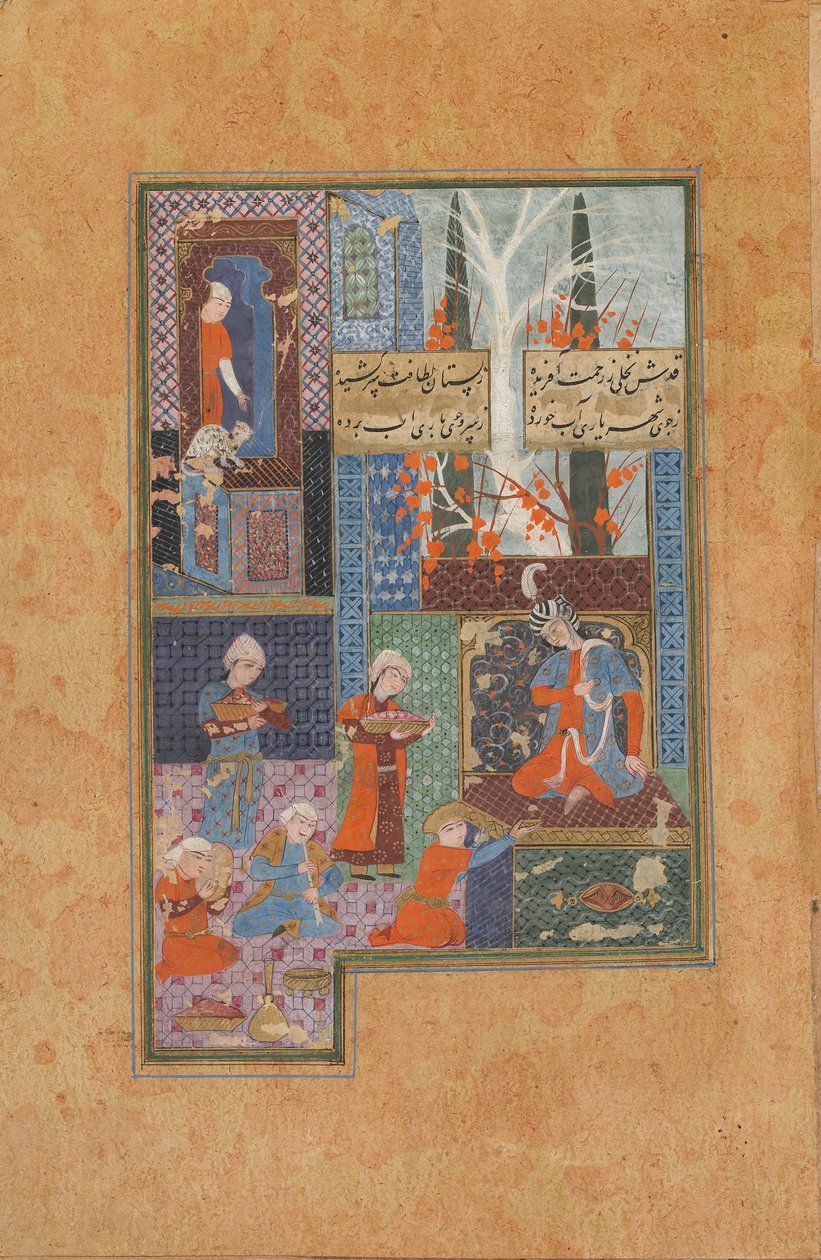 فوليو من ديوان (قصائد مجمعة) لجامي (د 1492) ؛ الأمير والحاضرون (ألوان مائية مبهمة وحبر وذهب على ورق) بواسطة المدرسة الفارسية